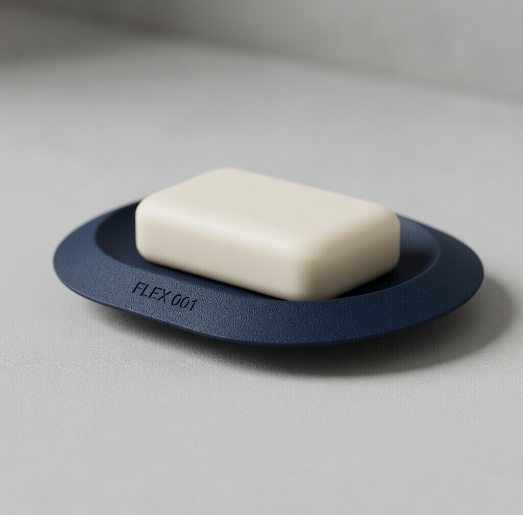FLEX 001 silicone soap dish in deep navy, holding a cream soap bar